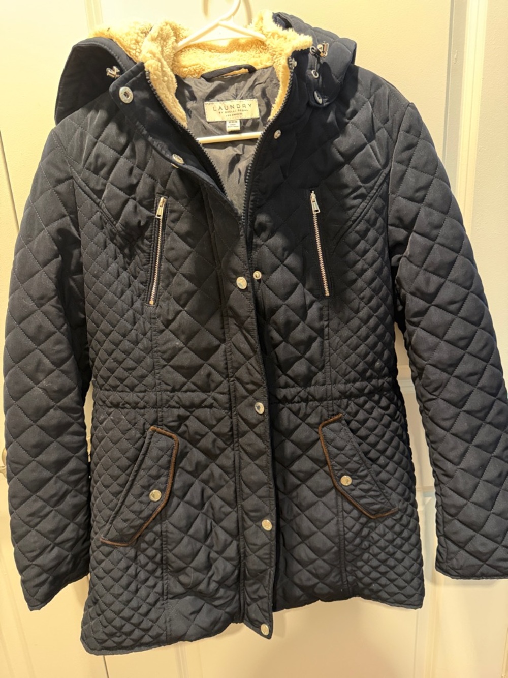 Laundry By Shelli Segal Quilted Navy Jacket with Faux Shearling Hood